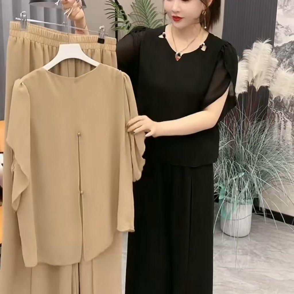 Plus Size Chiffon Summer Suit: Slimming Short-Sleeve Top & Wide-Leg Pants Set