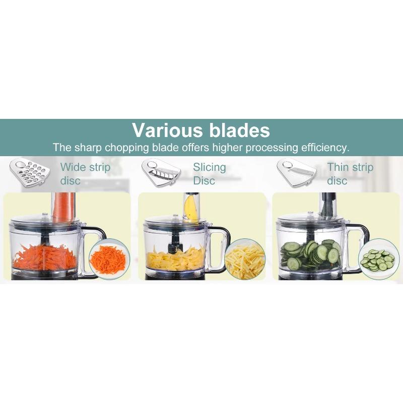TopStrong 6-in-1 Food Processor 800W 2L Silver Multifunctional Chopper Slicer Shredder Kneader Dough Blender 3 Speeds Pulse EU