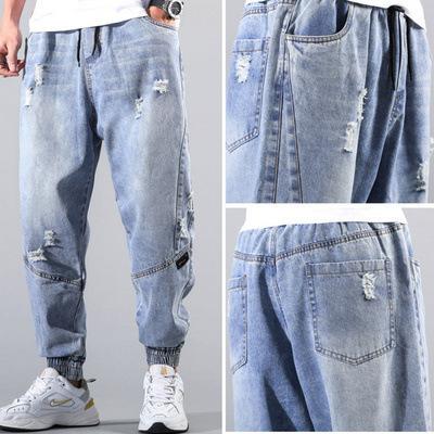Elastic waist denim trousers men's pants new spring and autumn tide brand loose casual tied nine-point pants