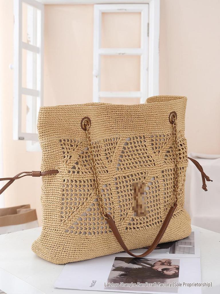 Borsa a Spalla in Paglia di PP Intrecciata a Mano di Grande Capacità - Alla Moda e Versatile per il Pendolarismo o le Vacanze