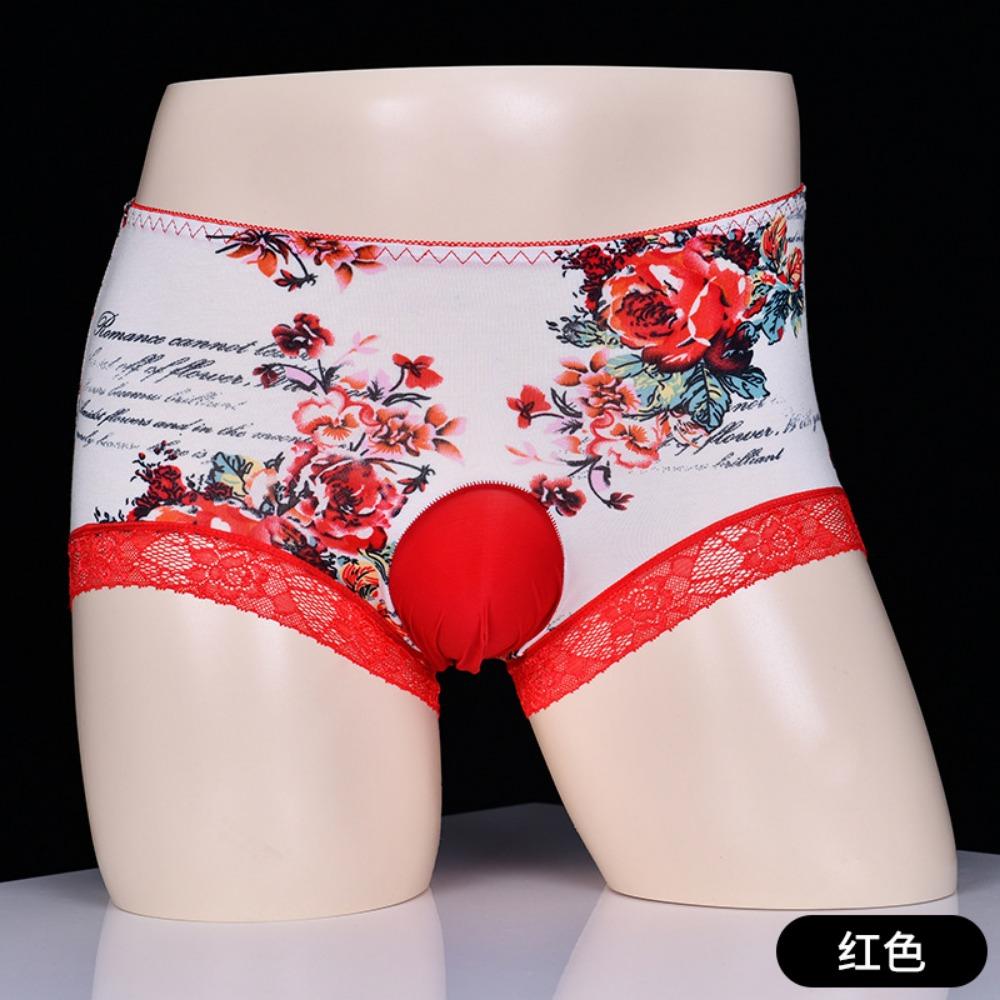 Men's Egg Pants Sexy Lace Printed Panties Fabric Traceless Mid-Waist Cotton Shorts Comfortable