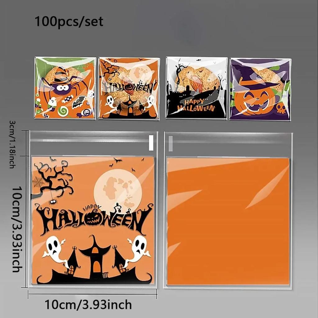 100pcs Halloween Candy Bags Pumpkin Ghost Bat Trick Or Treat Biscuit Gifts Packaging Self Sealing Bag Kids Halloween Party Decor