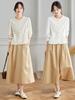 Women's Long Sleeve Embroidered Shirt - New Chinese Style, Apricot Round Neck, 2025 Autumn Collection