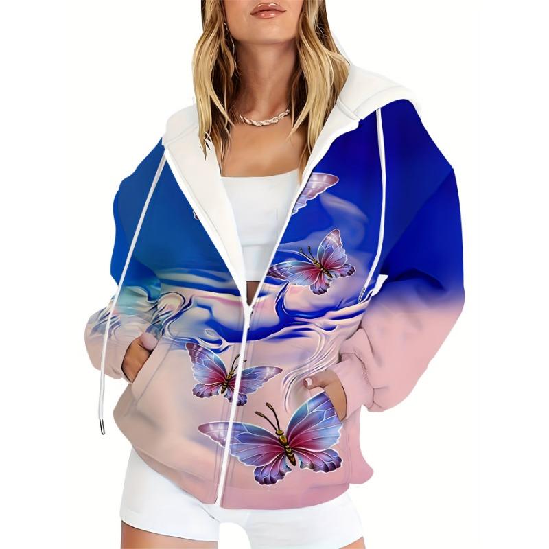 Kapuzen-Reißverschluss-Hemd für Damen, Wellenmuster - Schöner Schmetterlingsmuster-Druck, Künstlerischer und Süßer Stil. Dehnbares Polyester-Spandex-Gemisch 3XL