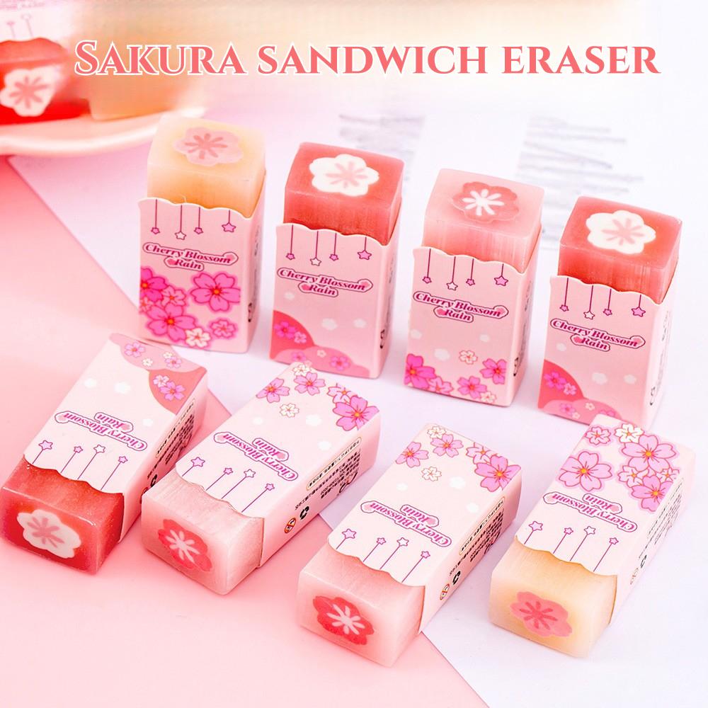 3 Stück/Los Kawaii Kirschblüten Sandwich Bleistift Radiergummi Kinder Süß Weniger Abrieb Gummi Kirschblütenblatt Radiergummis Schulbedarf
