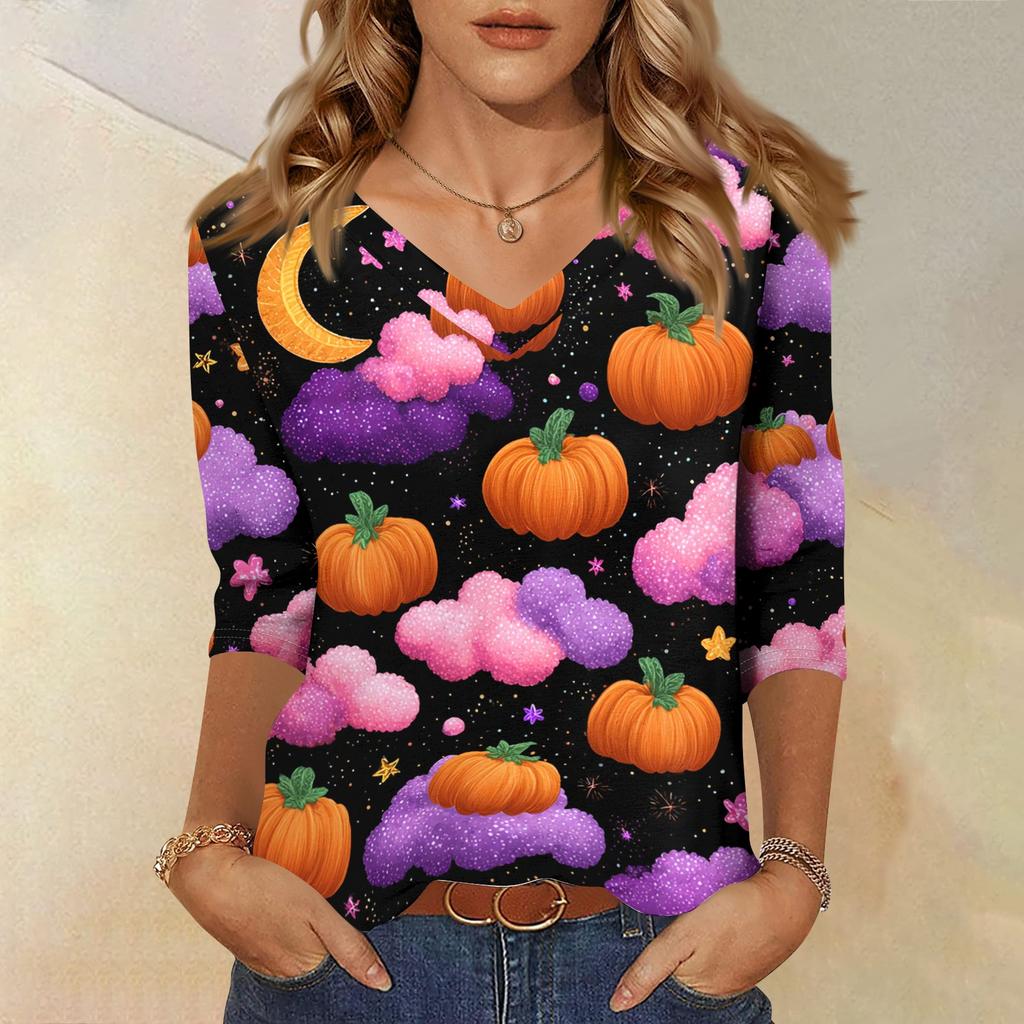 Damen Freizeit Halloween Aufdruck V-Ausschnitt Dreiviertelarm Oberteil Leichtes Weiches Gewebe Herbsthemd für den Alltag