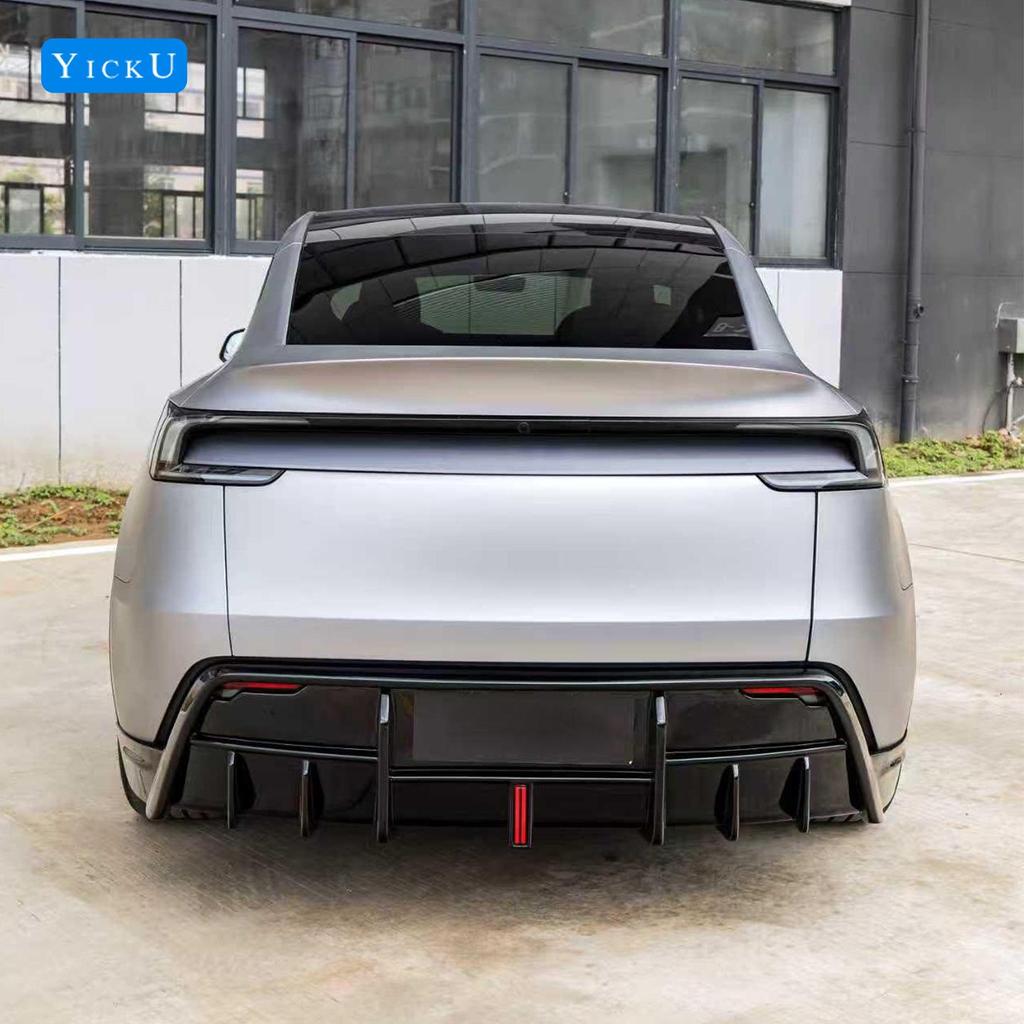 Gloss Black Front Lip & Side Skirts with Lights for 2025 Tesla Model Y Facelift, Includes Rear Lip, Front Splitter & Rear Diffuser.
