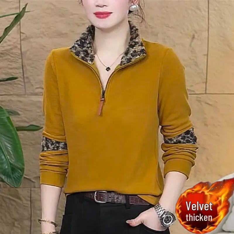 

Spring Leopard Print Stand Collar Long Sleeve T-Shirt - Women s Plus Velvet Warm Fashion Top XL (110-120 jin recommended) жёлтый