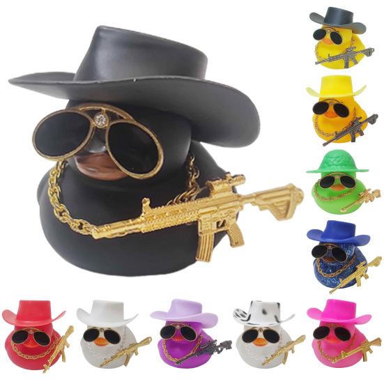 Duck Ornament Squeaky Car Dashboard Decoration Set Funny Yellow Duck Figure with Cowboy Hat Sunglasses Golden Chain Decor