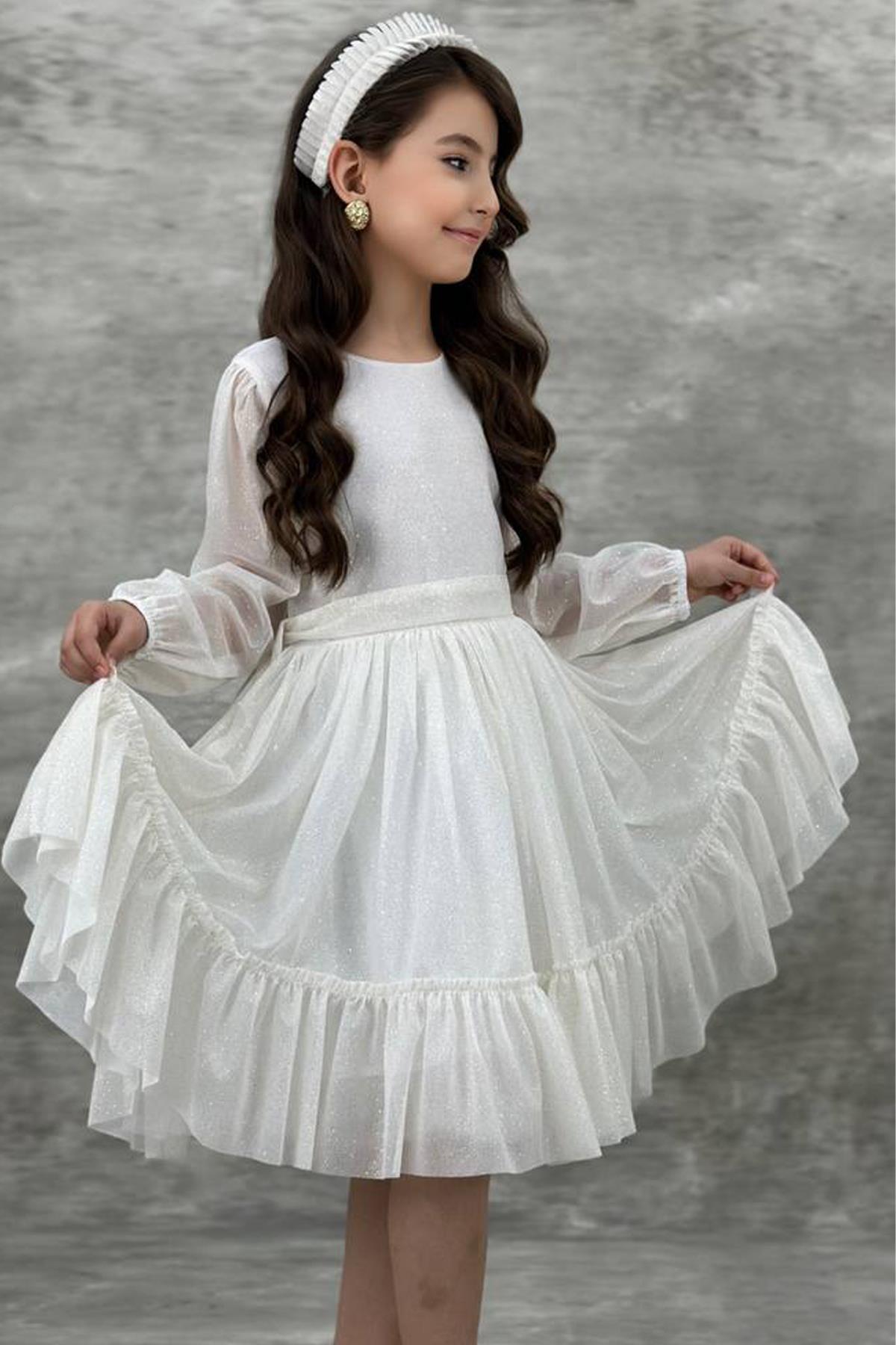 

Girl s Zero Collar Sleeves Transparent Skirt Tulle Glittery White Evening Dress