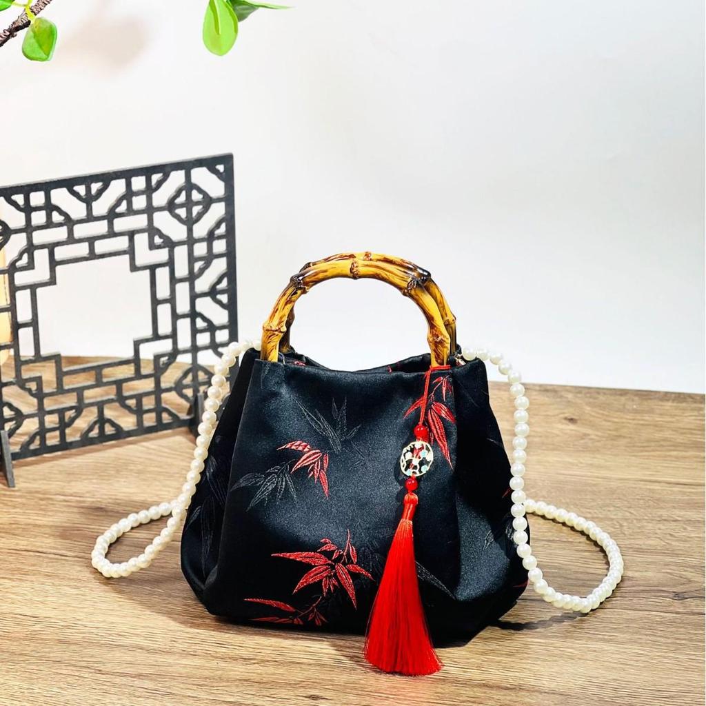 Bamboo Handle Brocade Handbag - Chinese Style Pearl Crossbody, Perfect Qipao Match, Ideal Gift for Mom