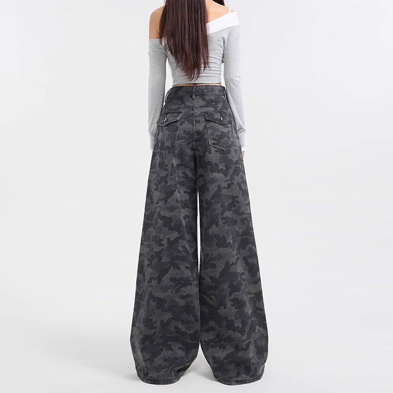 Comfortable Camouflage Street Wide Leg Trousers Women's Autumn High-waisted Large Yards Loose Casual Straight Trailing Denim Trousers Long Denim Pants