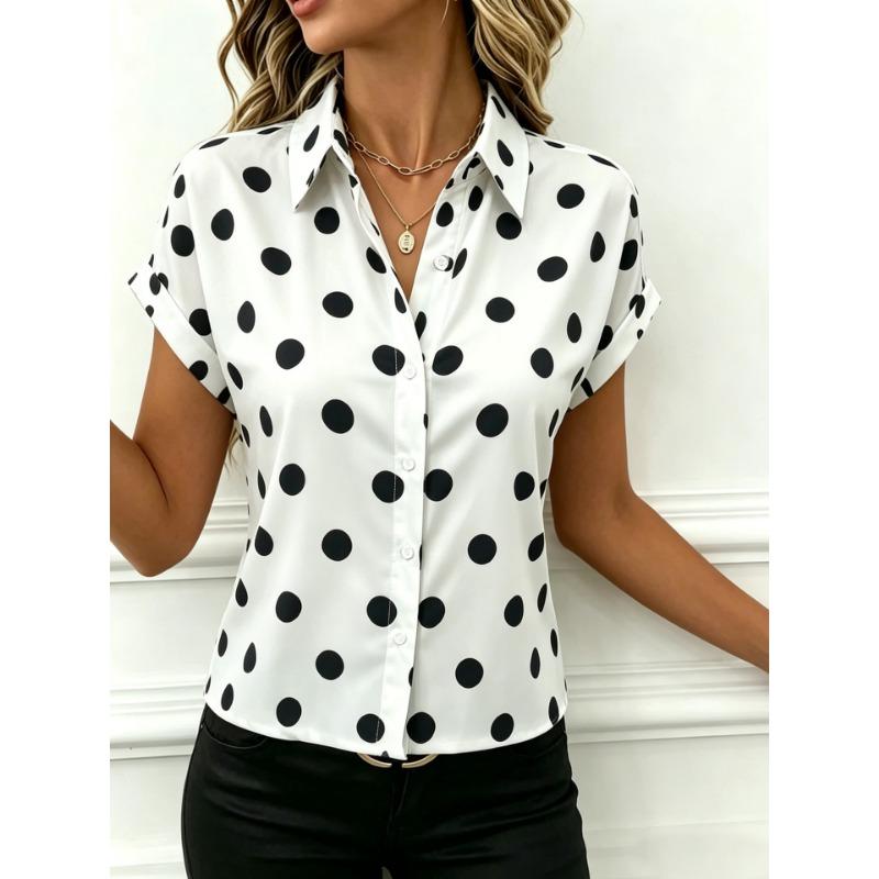 Women Polka Dot Lapel Roll Up Short Sleeve Button Down Casual Loose Blouse Shirt