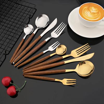 20 Stück Edelstahl Dinner Besteck Imitation Holzgriff Geschirr Messer Kaffeelöffel Teegabel Besteckset Tischgeschirr