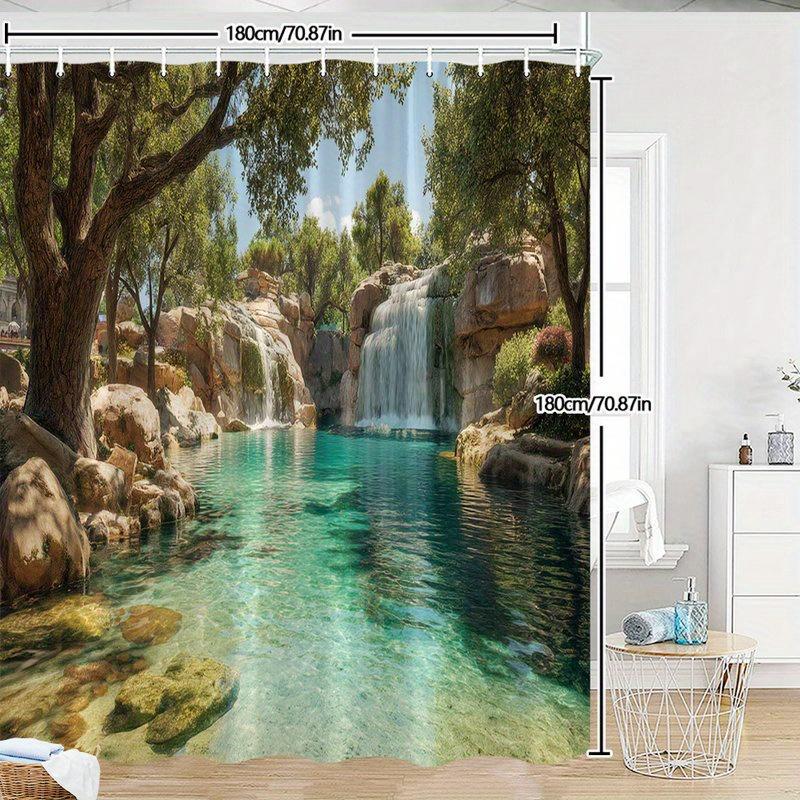 Sunlit Waterfall Shower Curtain Turquoise Pool Rock Walls Lush Trees Polyester Machine Washable with 12 Hooks for Bathroom Decor