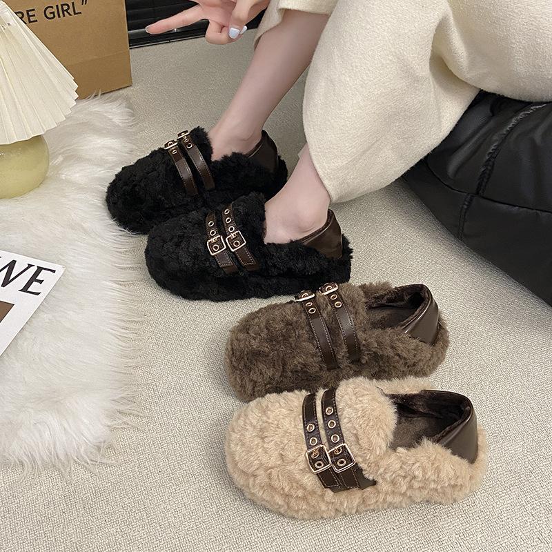 Warm Fluffy Shoes for Women with Thick Soles and Two Pedals To Wear 2025 Winter New Velvet Cotton Shoes Casual Lazy Doudou Shoes