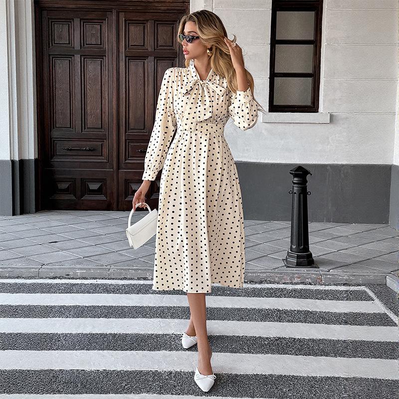 Women's Polka Dots Bow Front Dress Elastic Waist Ruched Flowy Hem Long Sleeve A-Line Midi Wedding Party Dresses