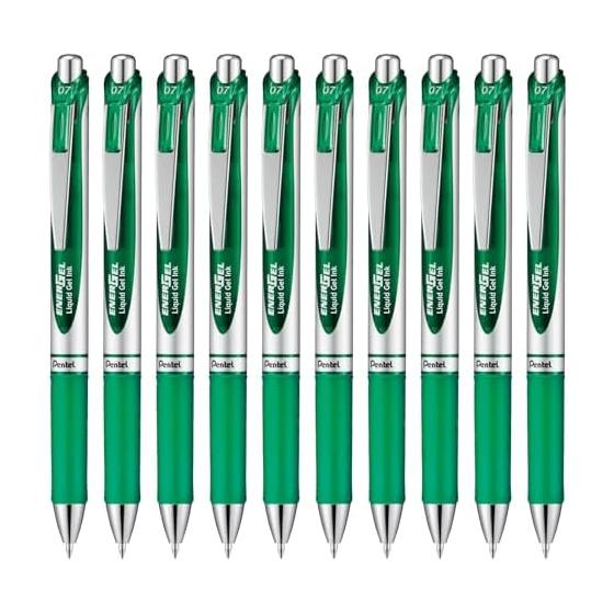Pentel EnerGel Retractable Gel Pen, 0.7mm, Green, 10-Pack