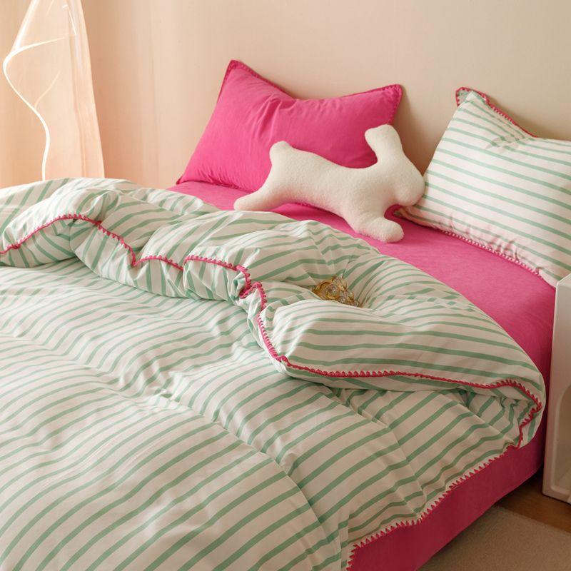 Striped Contrasting Color Student Dormitory Bed Solid Color Four Piece Set
