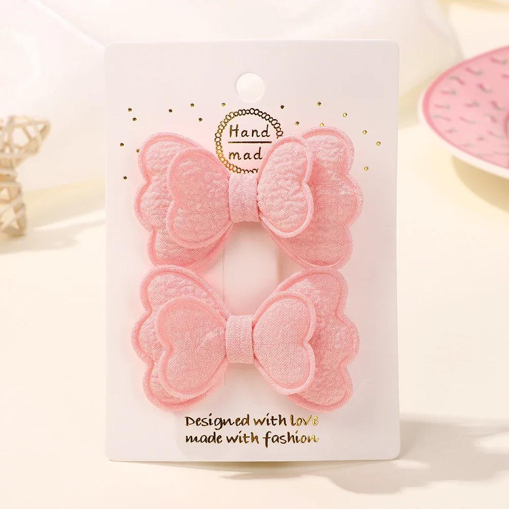 2Pcs Candy Colored Hair Clip Se Double Layered Bow Cute Bangs HairPin Cotton Safe Children's T for Girls Hair Accessories