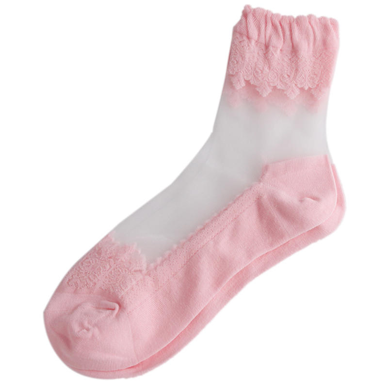 Summer Ladies Lace Embroidery Silk Transparent Glass Crystal Socks Breathable Stretch Women Socks 1 Pair Outdoor Casual Wear