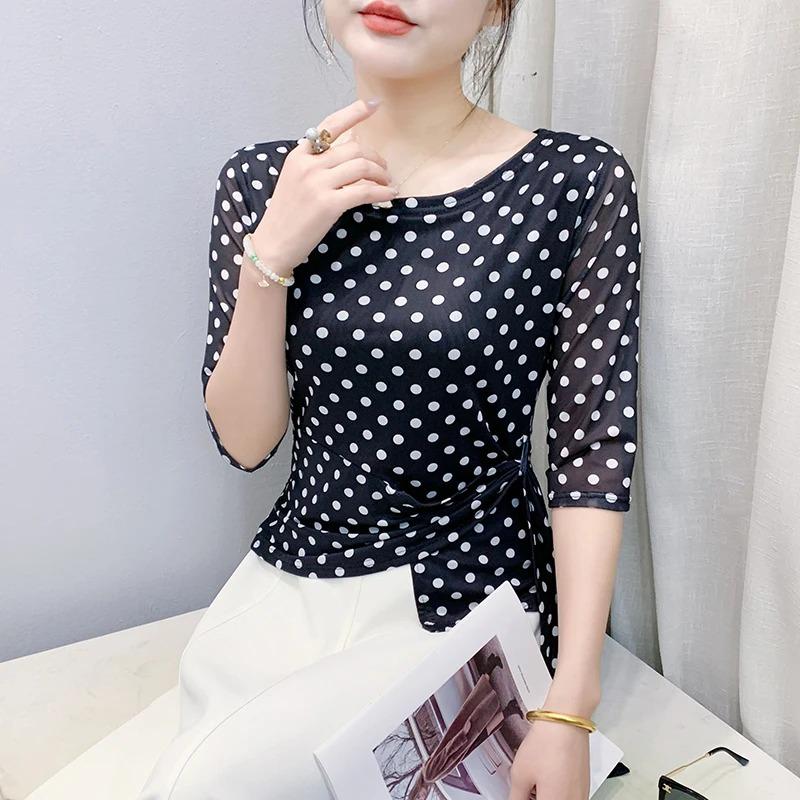 

Women Summer Half Sleeve T-shirts Print Polka Dots Mesh Tops Girl Irregular Sweet T-shirt M чёрный