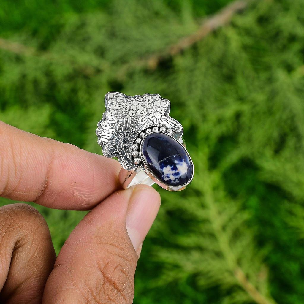 Mothers day Sale Sodalite Stone Stackable Ethnic Ring Jewelry Sterling Silver