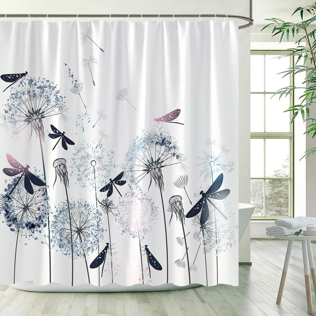 Butterfly Floral Shower Curtains Dandelion Watercolour Plant Flower Bird Rustic Spring Scenery Cloth Bath Curtain Bathroom Dec