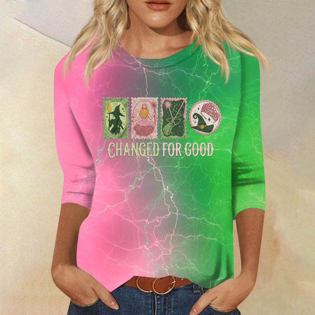 Damen Modisches Lässiges Dreiviertelarm Bedrucktes Rundhals-Top