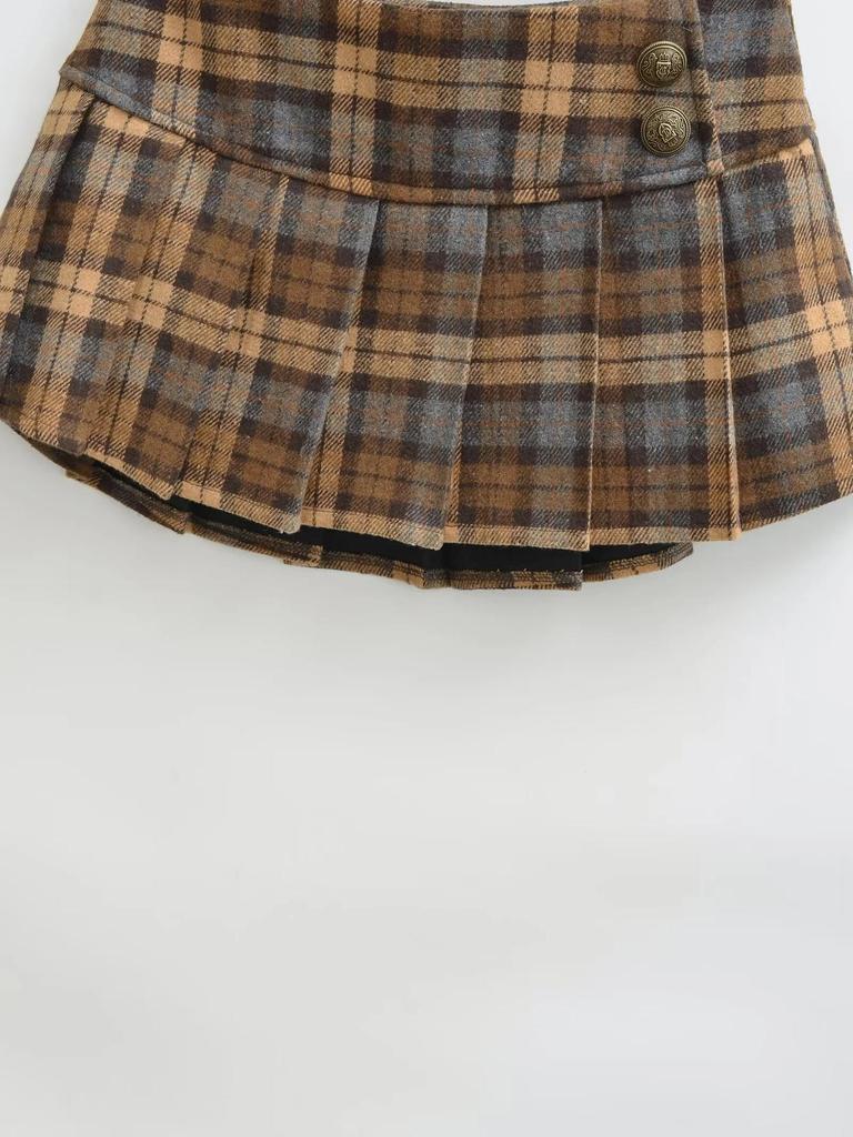 American Retro Low-Waist Plaid A-Line Mini Skirt - Women's College Style, Pleated, for Spring/Autumn