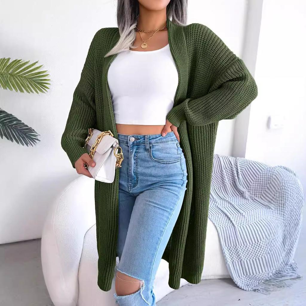 Autumn and winter European and American sweaters and cardigans solid color loose fashion casual buckle-free medium and long jackets