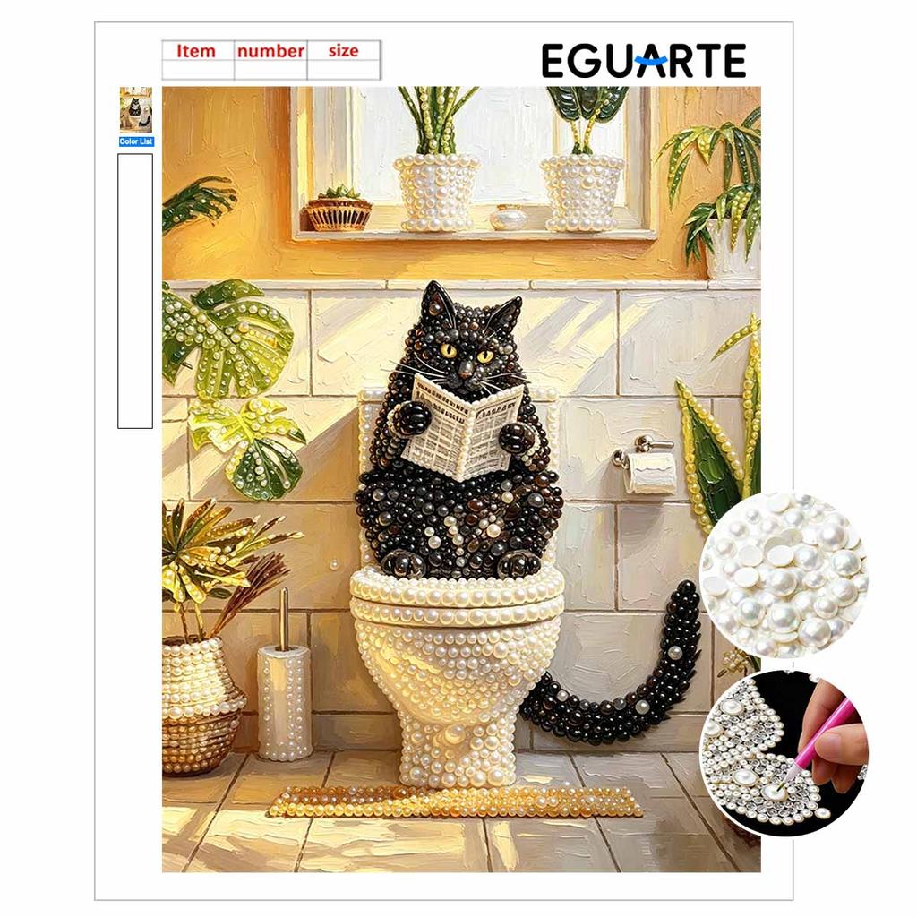 Elegant Framed Pearl Art DIY Set with Funny Black Cat Reading Newspaper 5D Sparkling Bead Canvas Painting Ready to Display Home Decor Gift