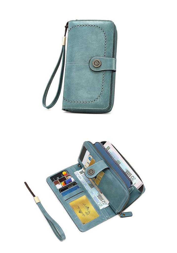 Women's Retro Oil Wax Leather Long Wallet - Hollowed-out Design, Multi-functional, Large Capacity Phone Bag