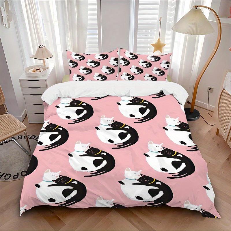 3pcs Cat Hug Pattern Bedding Set, Breathable and Soft, Suitable for All Seasons, Ideal for Home Use, Suitable for Bedroom Decor 21148