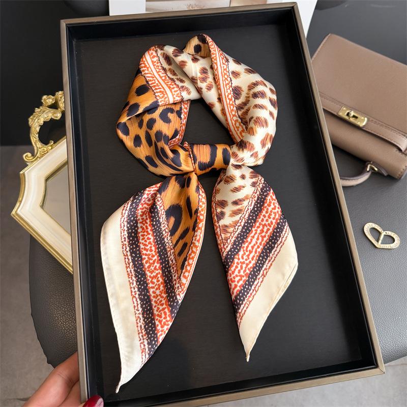 

New Leopard Print Shawl Square Scarf For Women Soft Satin Wraps Neckerchief Female Hair Bands Ribbon Headband Bandana 70x70CM