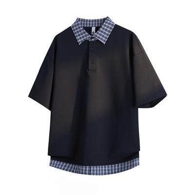 Fake Two-piece Polo Collar Short-sleeved T-shirt Men's Loose Versatile Plaid Shirt Collar T-shirt