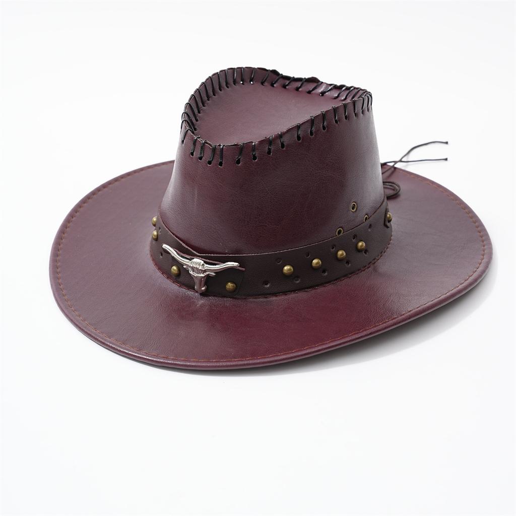 New Unisex PU Leather Wide Brim Gift Hat  Bull Head Belt Hat Strap Suitable for Hiking And Mountain Climbing Denim