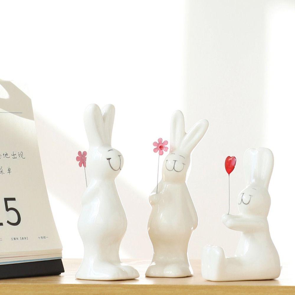 3pcs Handicraft White Rabbit Ornament Cute Bunny Statue Crafts Couple Rabbit Figurine  Props