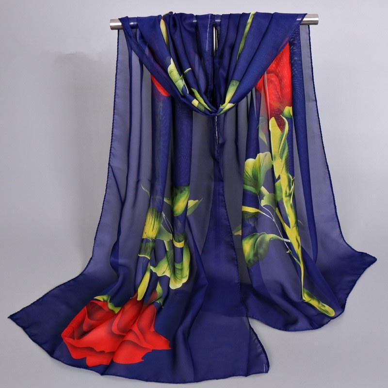 1Pc New Fashion Chiffon Silk Hijab Women's Long Soft Rose Flower Print Scarves Foulard Women Shawls