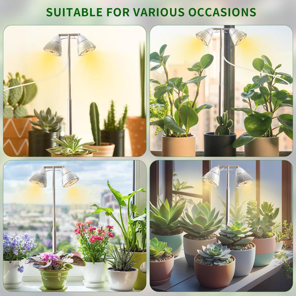 SINJIAlight 2-Head LED Grow Light with Stand, Indoor Grow Light with Timer Function (4H/8H/12H), 4 Dimming Levels, Adjustable Height, Energy-Saving, L