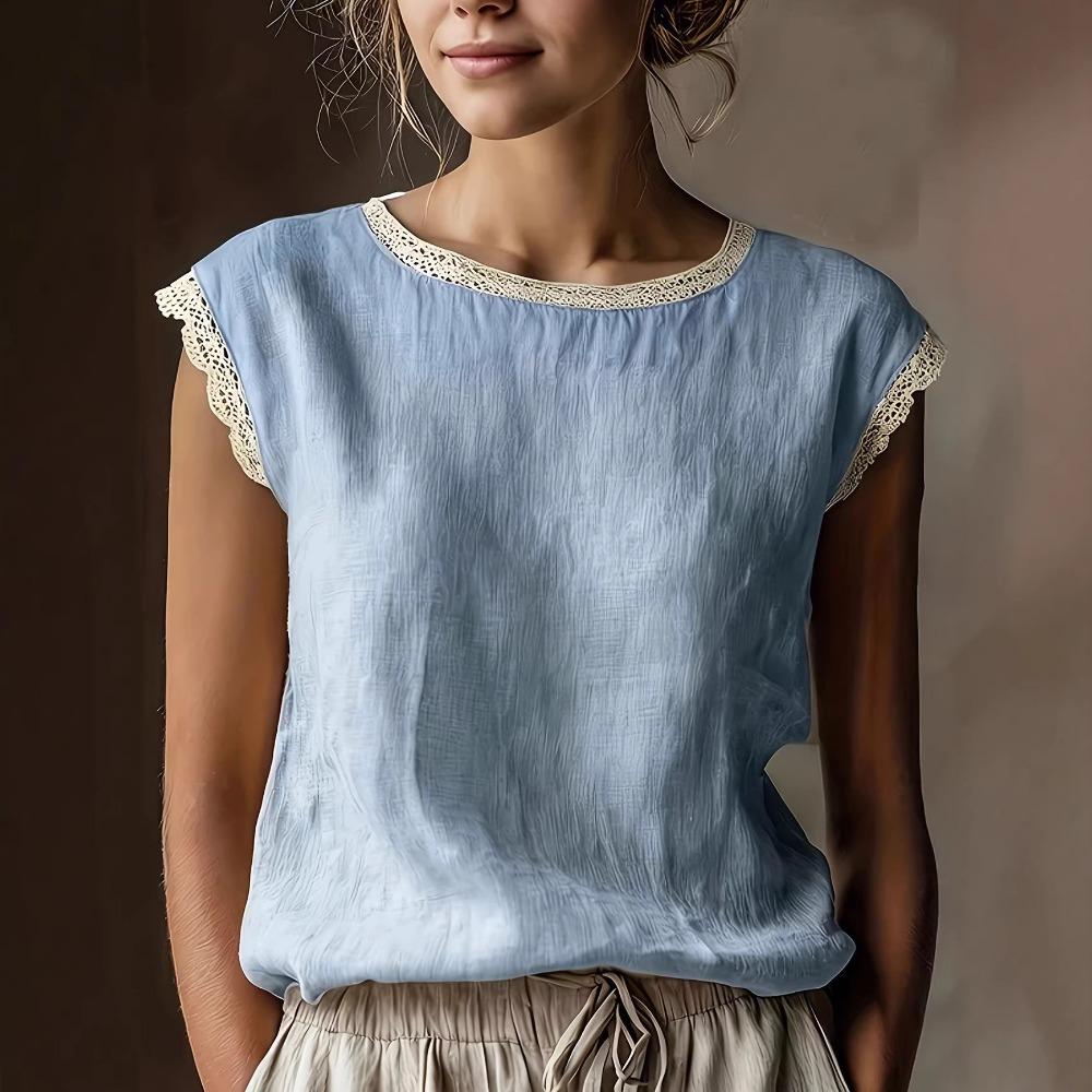 Lniany top z krótkim rękawem w stylu retro z damskim koronkowym patchworkiem, okrągły dekolt, luźny i wyszczuplający, letnia oddychająca lniana koszulka