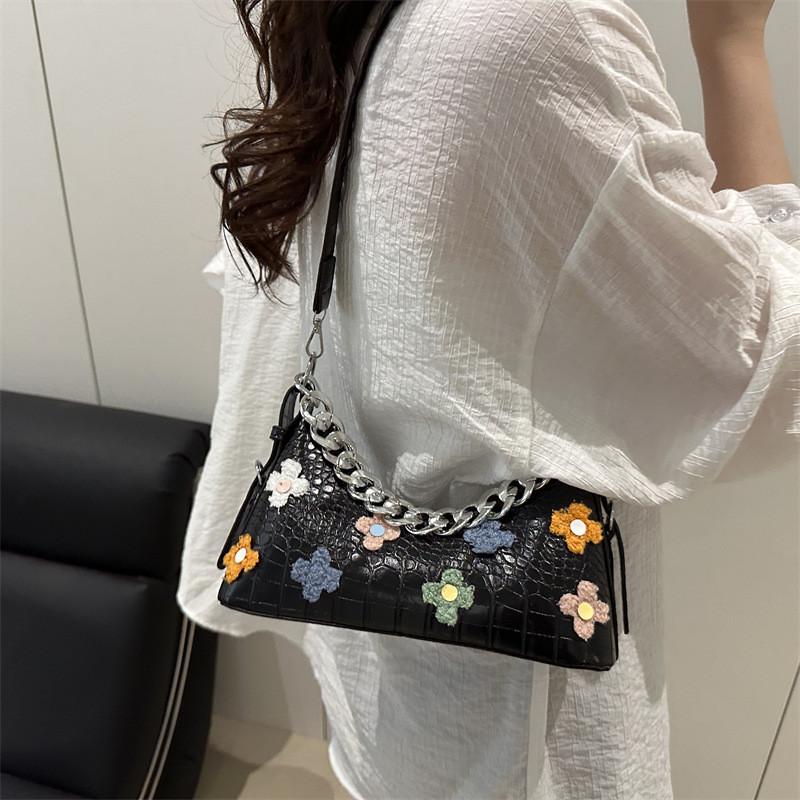 Fashion Flower And Chain Decoration Stone Texture Women Casual Bag Shoulder