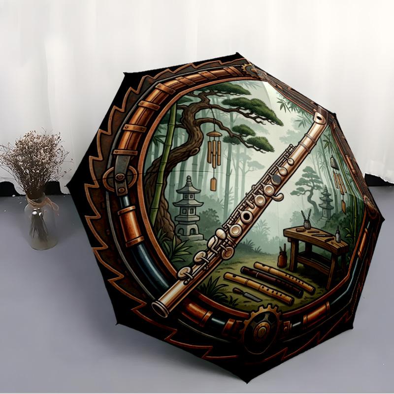 Steampunk Flute Forest Scene pattern umbrella, portable and foldable design, 8 ribs, a casual accessory for Halloween, Christmas, and birthday gifts.