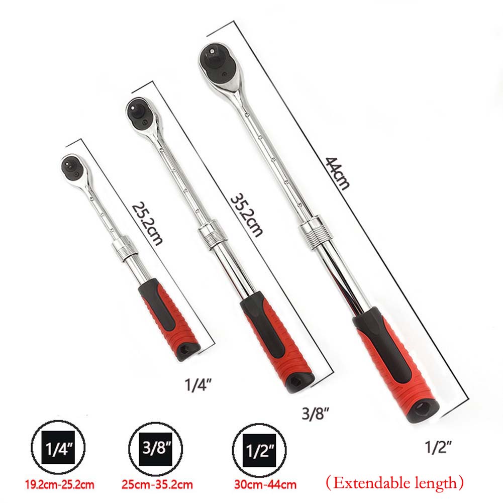 1/4 3/8 1/2 Inch Extendable Ratchet Handle Wrench Drive Socket Ratchet Set 72 Tooth Telescopic Quick-Release Reversible