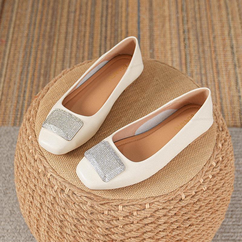 Women's Genuine Leather Flat Shoes - French Low-Cut Square Toe, Soft Sole, Plus Size 41-43, 2025 New Evening Breeze