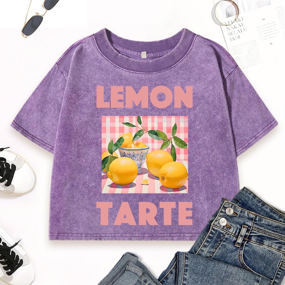 Lemon Tarte Fresh Fruit Prints Washed T Shirt Womens O-Neck Fitness Short Sleeve Crop Tops Cotton Casual T-Shirts