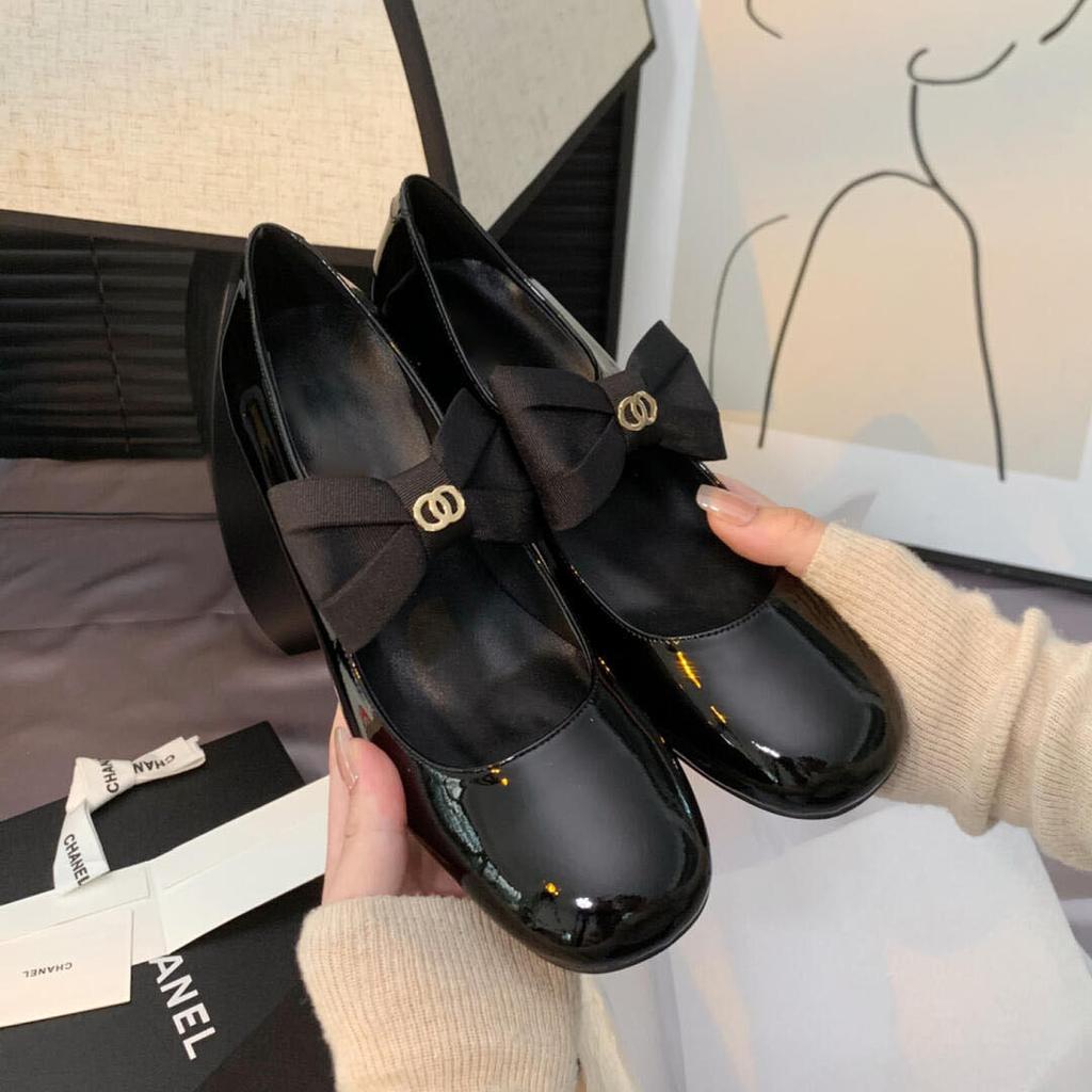 Whole cowhide~ French bow leather thick heel high heels women's small fragrant Mary Jane single shoes small leather shoes ladyshoes