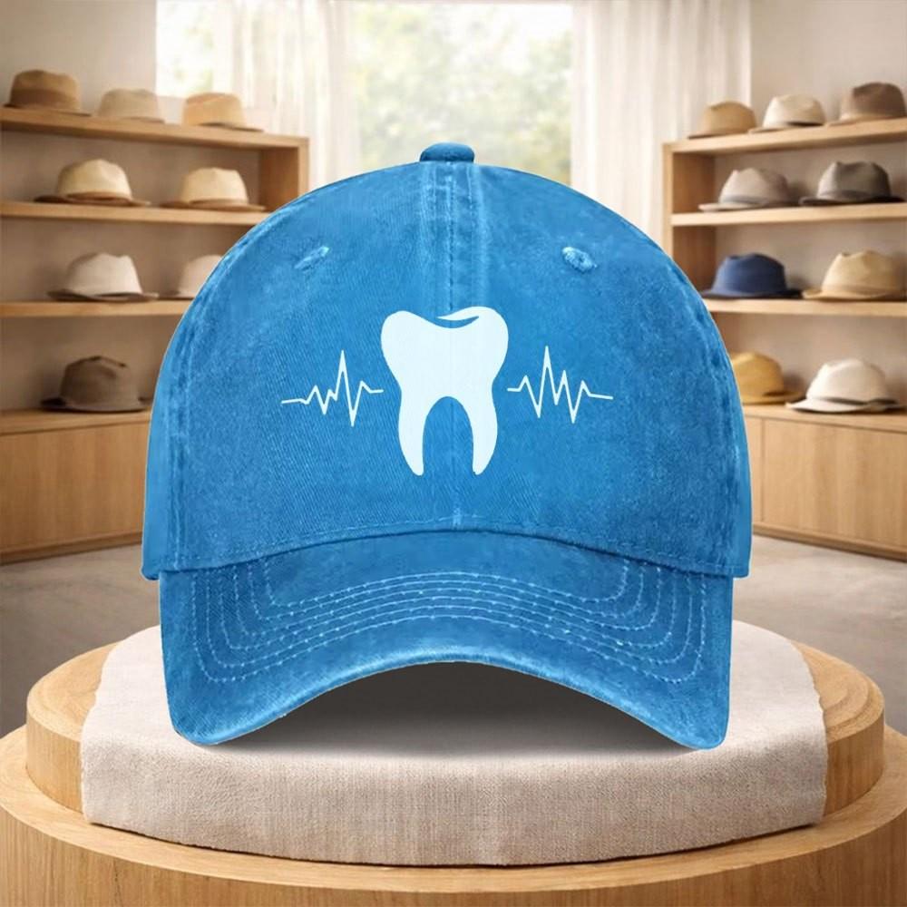 Dental ECG Heartbeat Tooth Graphic Washed Baseball Cap Adjustable Cotton Outdoor Sports Hat