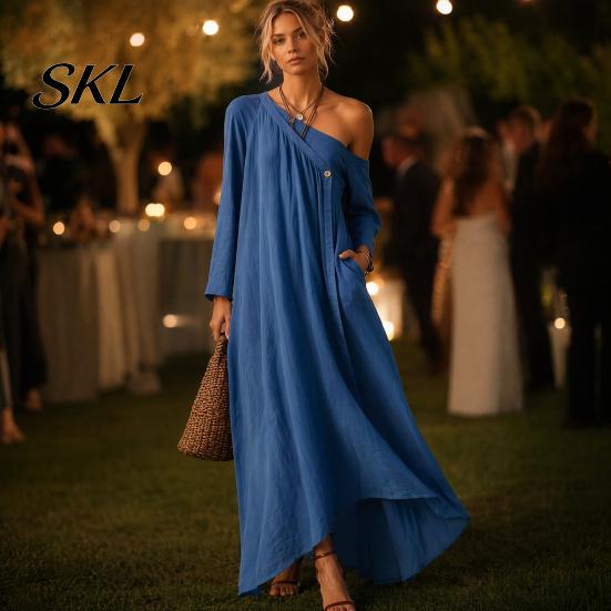 Polyester Dress Women Summer Maxi for Women, Casual Loose One Shoulder Long Sleeve Dress, Flowy Beach Vacation Sundress wwith Pockets Elegant