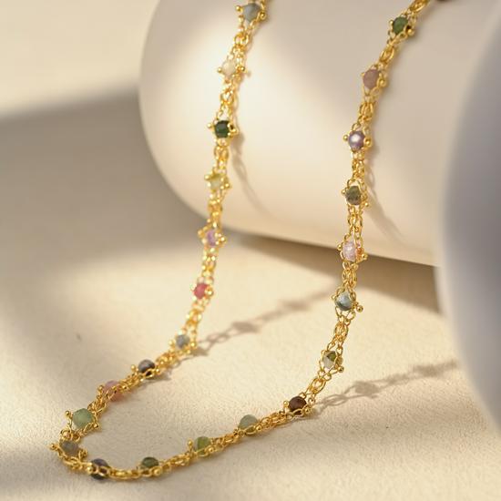 French Retro Colorful Tourmaline Beaded Gold-Plated Necklace